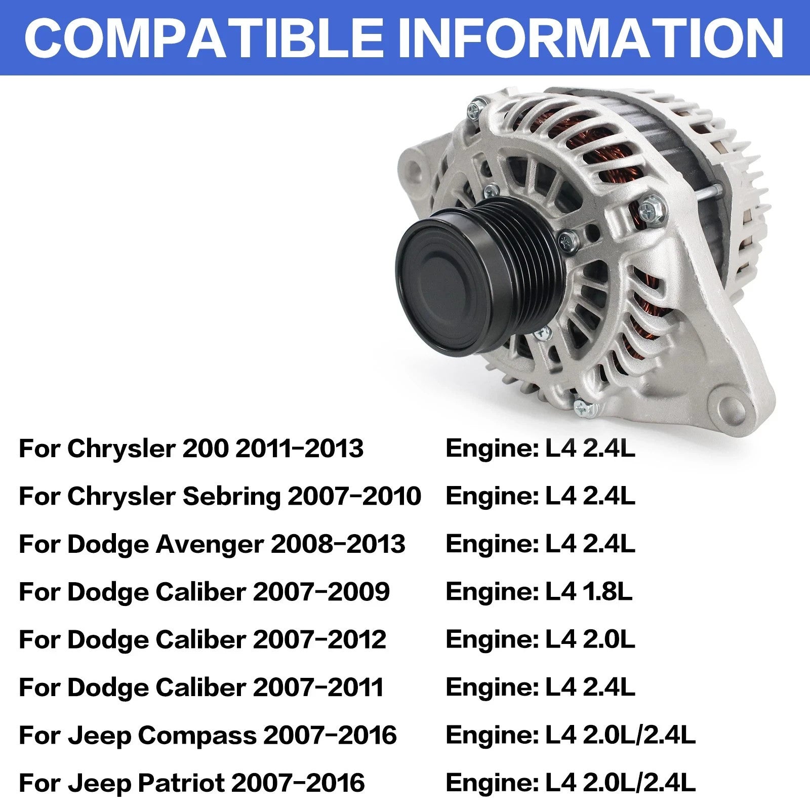 Alternator For 2.4L Dodge Avenger 2008-13 Caliber 2007-10 Chrysler 200 2011-2013